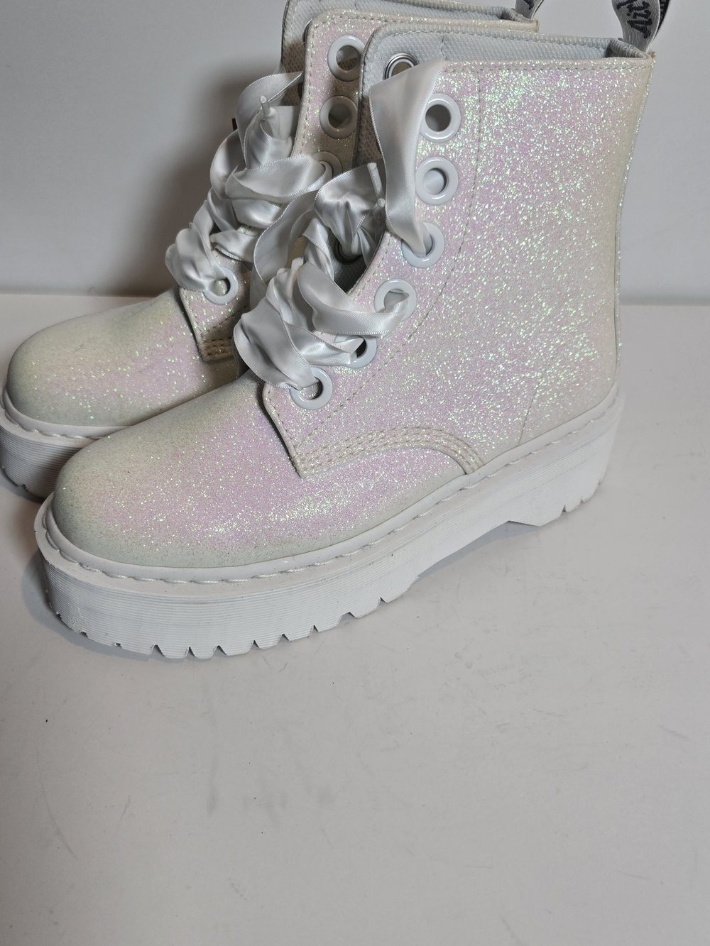 Dr. Martens Molly Iridescent Glitter Lace-Up Platform Boots - White/Pale Pink